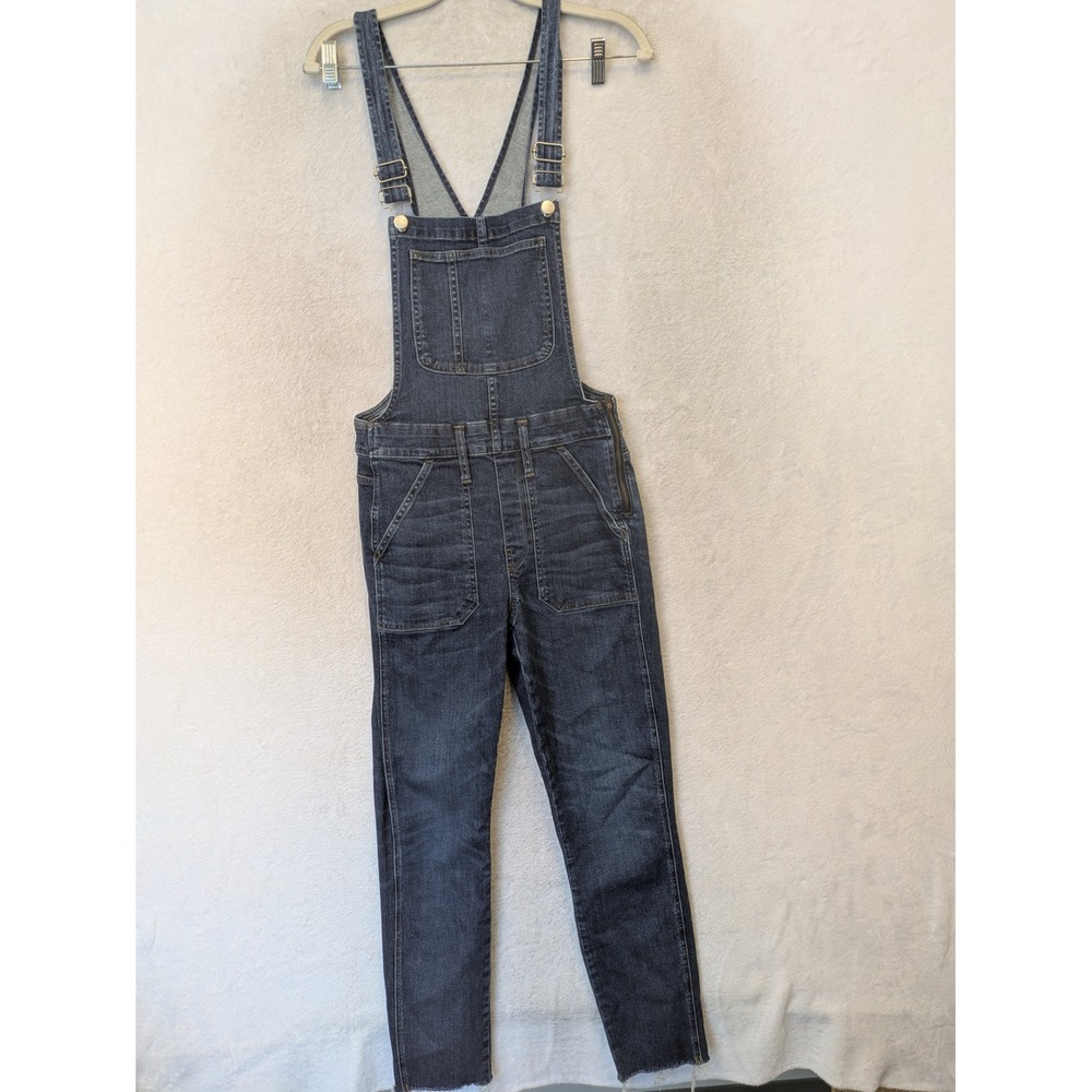 Madewell Skinny Denim Overalls Women's‎ S Blue Dark Wash Side Zip Raw Hem